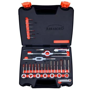   ABRABORO - 020345300033 - 33 részes menetszerszám készlet, HSS-G 7 db 3 részes kézi menetfúró klt. DIN 352, M3 - M12 7 db menetmetsző DIN 223 B, M3 - M12 1 db hajtóvas menetmetszőhöz DIN 225: 25x9 | M