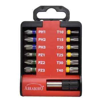   ABRABORO - 060802060013 - BIT KÉSZLET, SZÍNES  PZ1/PZ1/PZ2/PZ2/PZ2/PZ3/TX10/TX15/TX20/TX25/TX30/TX40+bithold<wbr> er 58mm