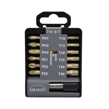   ABRABORO - 060802060213 - SUPRA TIN BIT KÉSZLET 13 x PH/PZ/TX PZ1/PZ1/PZ2/PZ2/PZ2/PZ3/TX10/TX15/TX20/TX25/TX30/TX40+bithold<wbr> er 58mm