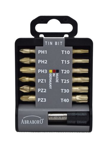 ABRABORO - 060802060213 - SUPRA TIN BIT KÉSZLET 13 x PH/PZ/TX PZ1/PZ1/PZ2/PZ2/PZ2/PZ3/TX10/TX15/TX20/TX25/TX30/TX40+bitholder 58mm