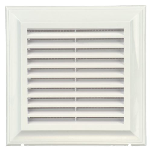 BLAUBERG DECOR 180X180/125 (T/P) PVC rács befúváshoz és elszíváshoz. Hő és UV álló, fehér színű, négyszögletű, szúnyoghálóval. 125mm átmérő csőcsatlakozás. 180x