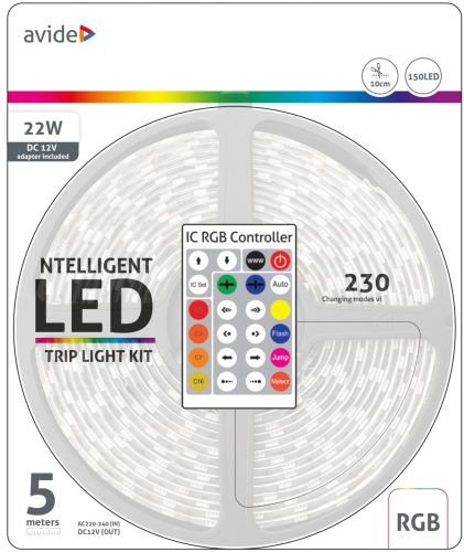Avide LED Szalag Bliszter 12V 22W SMD5050 30LED címezhető IC RGB IP65 5m + Prg.távirányító