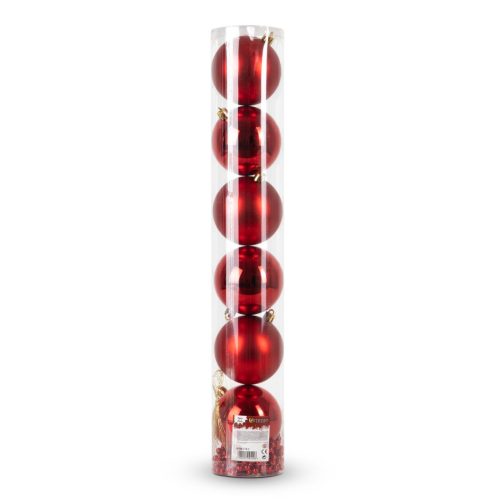 Artezan Karácsonyfadísz Gömb 8cm Cső Piros 7db/doboz +2m Gyöngyfüzér