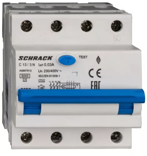 SCHRACK - Vezetékvédő kapcsoló 3+N, AMPARO, 6kA, C 13A, 30mA, A N jobb oldalt, A típus, szabván: IEC 61009-2-1,IEC 61009-1,EN 61009-2-1,EN 61009-1 - AK667813--