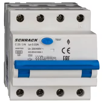   SCHRACK - Vezetékvédő kapcsoló 3+N, AK, 6kA, C 25A, 30mA, A - AK667825--