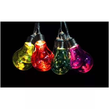   Avide Kültéri Szolár Füzér 5m, Átlátszó Kábel, 10 Színezett Globe, IP44