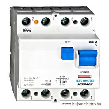   SCHRACK - Hibaáramkapcsoló 10kA, 40A, 4 pólusú, 30mA, AC - BC004103--