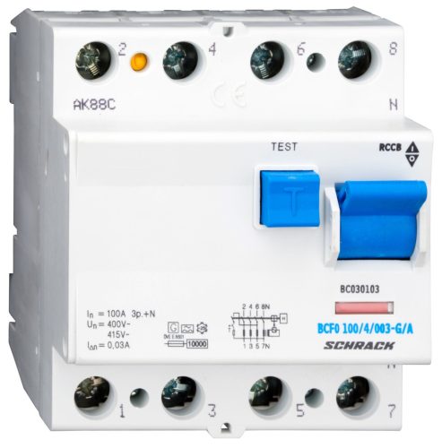 SCHRACK - BC030103 Hibaáramkapcsoló 10kA, 100A, 4 pólusú, 30mA, G/A