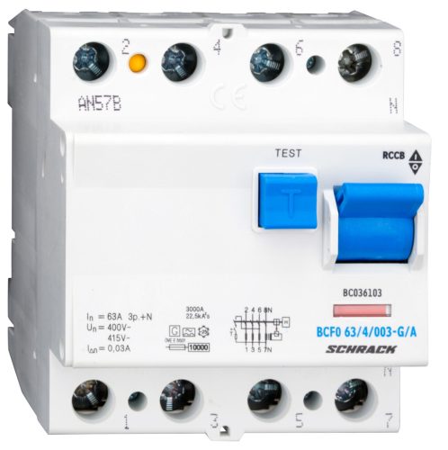 SCHRACK - BC036103 Hibaáramkapcsoló, 10kA, 63A, 4 pólusú, 30mA, G/A