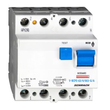   SCHRACK - Hibaáramkapcsoló, 10kA, 63A, 4 pólusú, 30mA, G/A - BC036603--