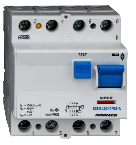 SCHRACK - BC050130 Hibaáramkapcsoló 10kA, 100A, 4 pólusú, 300mA, A