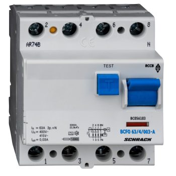   SCHRACK - Hibaáramkapcsoló 10kA, 63A, 4 pólusú, 30mA, A - BC056103--