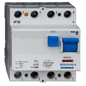   SCHRACK - Hibaáramkapcsoló 10kA, 63A, 4 pólusú, 100mA, A - BC056110--