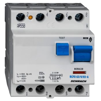   SCHRACK - Hibaáramkapcsoló 10kA, 63A, 4 pólusú, 300mA, A - BC056130--