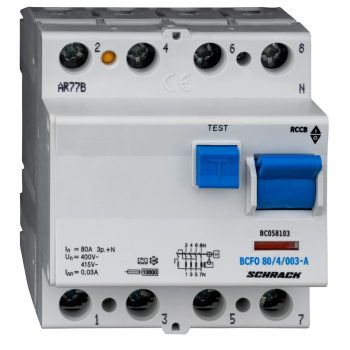   SCHRACK - Hibaáramkapcsoló 10kA, 80A, 4 pólusú, 30mA, A - BC058103--