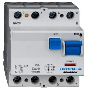   SCHRACK - Hibaáramkapcsoló 10kA/63A/4p/100mA, túlterhelés védett, S/A - BC066610--