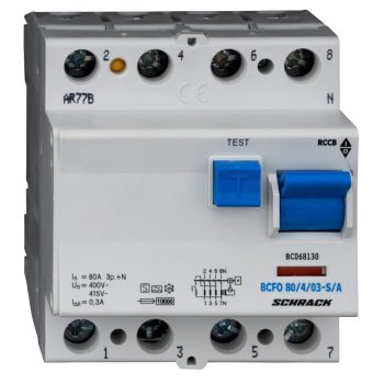   SCHRACK - Hibaáramkapcsoló 10kA, 80A, 4 pólusú, 300mA, S/A - BC068130--