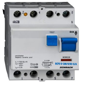   SCHRACK - Hibaáramkapcsoló 10kA, 100A, 4 pólusú, 300mA, U/S/A - BC090130--