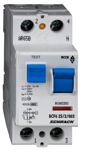 SCHRACK-BC602203 Hibaáramkapcsoló 6kA, 25A, 2 pólusú, 30mA, AC