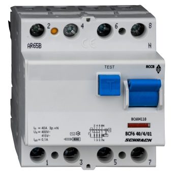   SCHRACK - Hibaáramkapcsoló 6kA, 40A, 4 pólusú, 100mA, AC - BC604110--