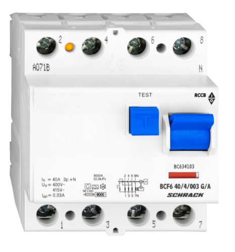 SCHRACK - BC634103 Hibaáramkapcsoló 6kA, 40A, 4 pólusú, 30mA, G/A