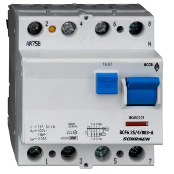   SCHRACK - Hibaáramkapcsoló 6kA, 25A, 4 pólusú, 30mA, A - BC652103--