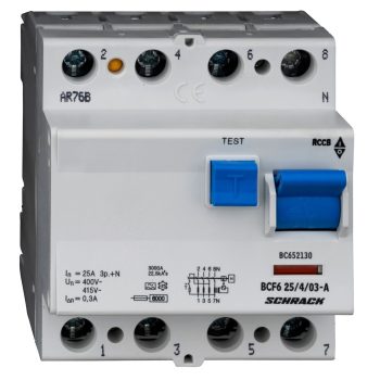   SCHRACK - Hibaáramkapcsoló 6kA, 25A, 4 pólusú, 300mA, A - BC652130--
