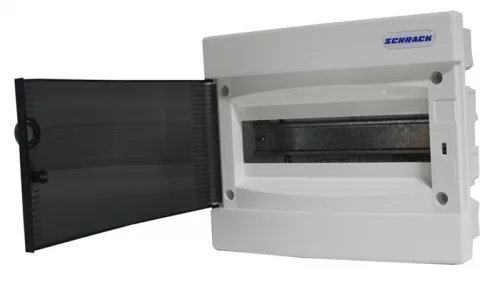 SCHRACK - Süllyesztett kiselosztó 1 soros, 8KE, gipszkarton falba MA=230 SZÉ=210 MÉ=100mm, átlátszó ajtó, érintésvédelmi osztály 2, ABS, halogénmentes, RAL 9003, izzóhuzal teszt 850°C - BK080000-H