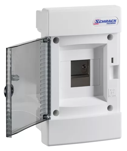 SCHRACK - Süllyesztett kiselosztó 1 soros, 4KE, gipszkarton falba MA=230 SZÉ=138 MÉ=100mm, átlátszó ajtó, érintésvédelmi osztály 2, ABS, halogénmentes, RAL 9003, izzóhuzal teszt 850°C - BK080005-H