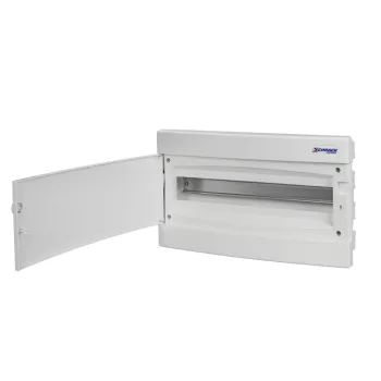   SCHRACK - Süllyesztett kiselosztó 1 soros, 18KE, gipszkarton falba MA=230 SZÉ=391 MÉ=106mm, fehér ajtó, érintésvédelmi osztály 2, ABS, halogénmentes, RAL 9003, izzóhuzal teszt 850°C - BK080054-H