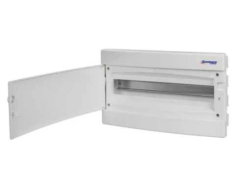 SCHRACK - Süllyesztett kiselosztó 1 soros, 18KE, gipszkarton falba MA=230 SZÉ=391 MÉ=106mm, fehér ajtó, érintésvédelmi osztály 2, ABS, halogénmentes, RAL 9003, izzóhuzal teszt 850°C - BK080054-H