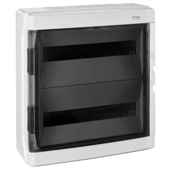   SCHRACK - Falonkívüli elosztó, 2 sor, 36KE, átlátszó ajtó, IP65 UV- és időjárásálló, 1000VDC; Műanyag ABS, 2x18KE, Ma=464 Sz=432 Mé=160, 1x N+PE (22x16mm²) - BK090204--