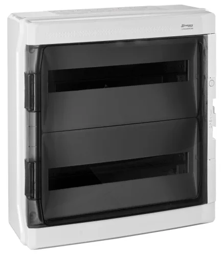 SCHRACK - Falonkívüli elosztó, 2 sor, 36KE, átlátszó ajtó, IP65 UV- és időjárásálló, 1000VDC; Műanyag ABS, 2x18KE, Ma=464 Sz=432 Mé=160, 1x N+PE (22x16mm²) - BK090204--