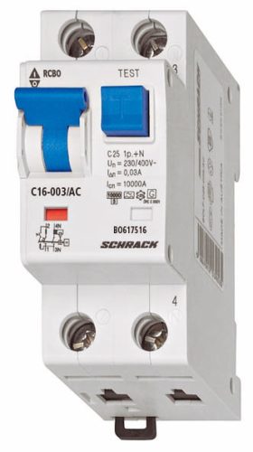 SCHRACK-BO617516 Vezetékvédő kapcsoló C 16A, 30mA, 1+N, AC, 10kA