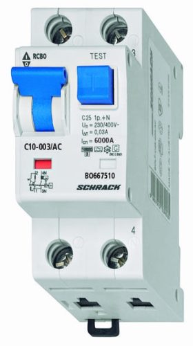 SCHRACK-BO668510 Vezetékvédő kapcsoló B 10A, 30mA, 1+N, AC, 6kA