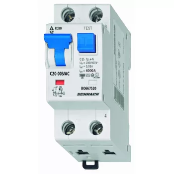   SCHRACK - Vezetékvédő kapcsoló B 20A, 30mA, 1+N, AC, 6kA - BO668520--