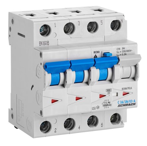 SCHRACK - BO867816 Vezetékvédő kapcsoló C 16A, 300mA, 3+N, A, 6kA