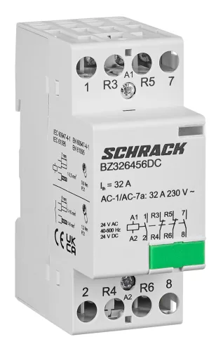 SCHRACK - Moduláris kontaktor 32A, 2 NO 2 NC, 24V AC/DC, 2KE Építési nagyság 2KE, Névleges áram 32A - BZ326456DC