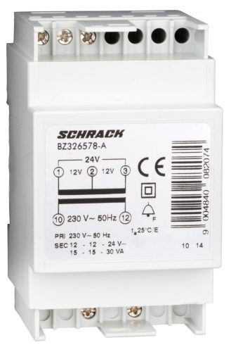 SCHRACK-BZ326578A Sorbaépíthető csengőtranszformátor 230/12-12-24V 30VA 3KE