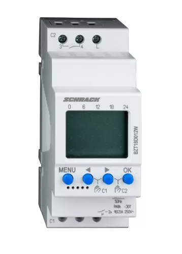 SCHRACK - Digitális 2 csat. napi és heti kapcsolóóra, Tempus Digital DIN sínre szerelhető, 2KE - BZT18D012W