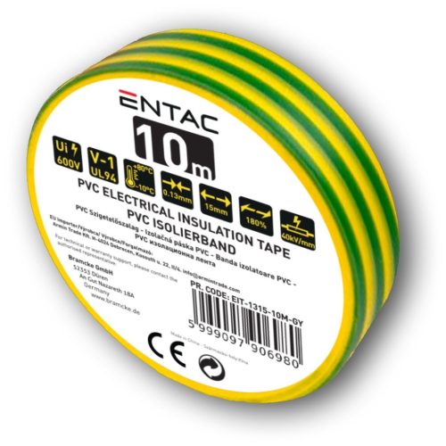Entac Szigetelőszalag 0.13x15mm Zöld-Sárga 10m