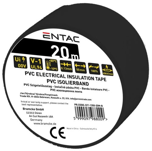 Entac Szigetelőszalag 0.13x50mm Fekete 20m