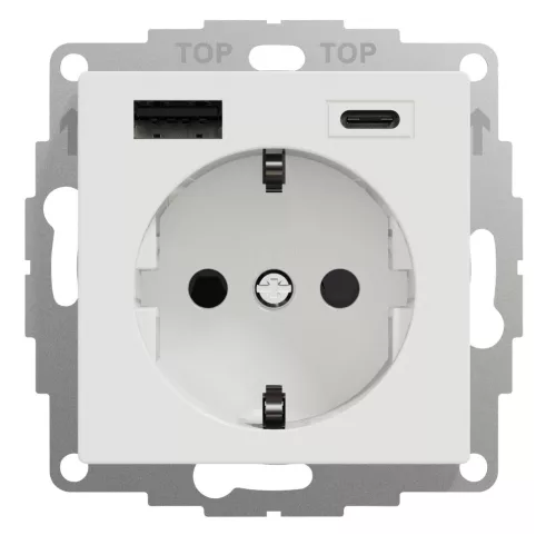 SCHRACK - Védőérintkezős USB-s dugaszolóaljzat betét gyerekvédelemmel 2db USB töltővel, A típus és C típus, VISIO 50 családba illeszthető 55 mm-es speciális kerettel: EV105021--, EV105022--, EV105023 