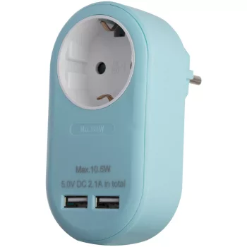   Entac Hálózati Adapter 1 Földelt Aljzat és 2 USB (össz. 2.1A) Kék