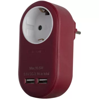   Entac Hálózati Adapter 1 Földelt Aljzat és 2 USB (össz. 2.1A) Burgundi vörös
