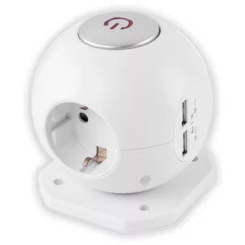   Entac Gömb Elosztó 3 Foglalattal, 2x2.1A USB-vel Kapcsolóval 1.5m 3G1.5