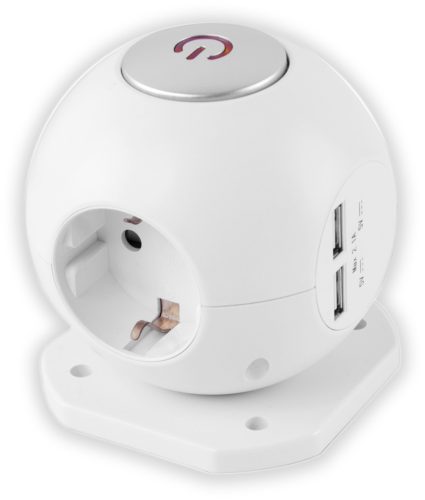 Entac Gömb Elosztó 3 Foglalattal, 2x2.1A USB-vel Kapcsolóval 1.5m 3G1.5