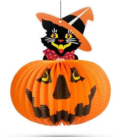 Halloween-i tökös lampion - macskával - akasztható - 26 cm