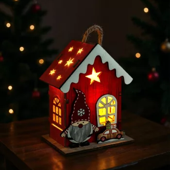   Karácsonyi LED-es dekoráció - házikó manóval - melegfehér LED, piros - 7,5 x5 x 10 cm - 2 féle