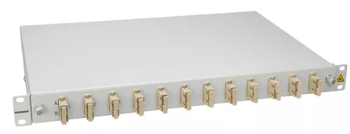 SCHRACK - Optikai rendező 12szálas,SC 50/125µm OM2, kihúzható, 19"1U acc. to IEC 61753-1, RAL7035, sliding, Pigtails included, CLASSIC - HSELS125CP